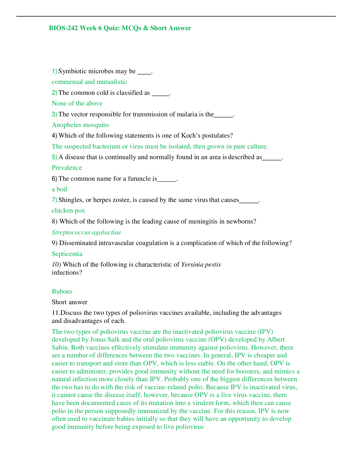 Preview of BIOS-242 Week 6 Quiz: MCQs & Short Answer GRADED A